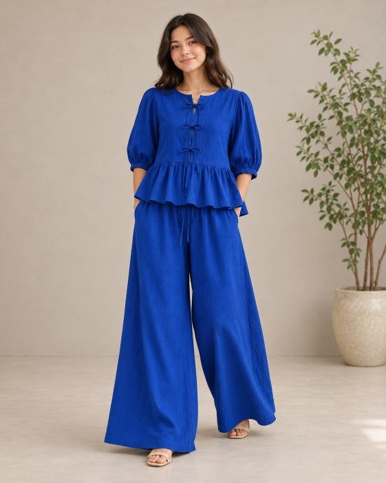 Wrinkle Linen Frilly Peplum Co-Ord Set for Teens