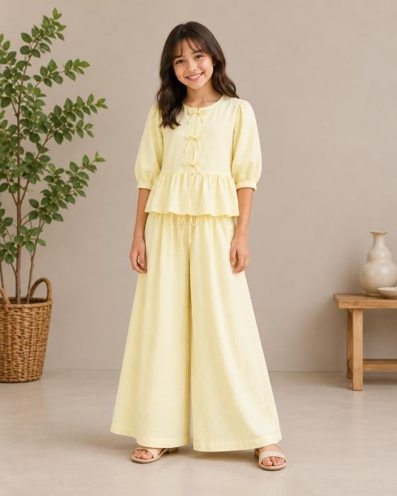 Wrinkle Linen Frilly Peplum Co-Ord Set for Teens