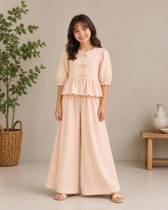 Wrinkle Linen Frilly Peplum Co-Ord Set for Teens
