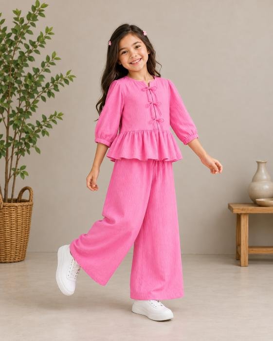 Wrinkle Linen Frilly Peplum Co-Ord Set for Teens