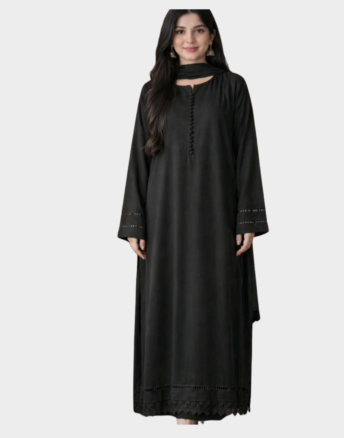 Black Cotton Suit 2pc with Lace Detailing
