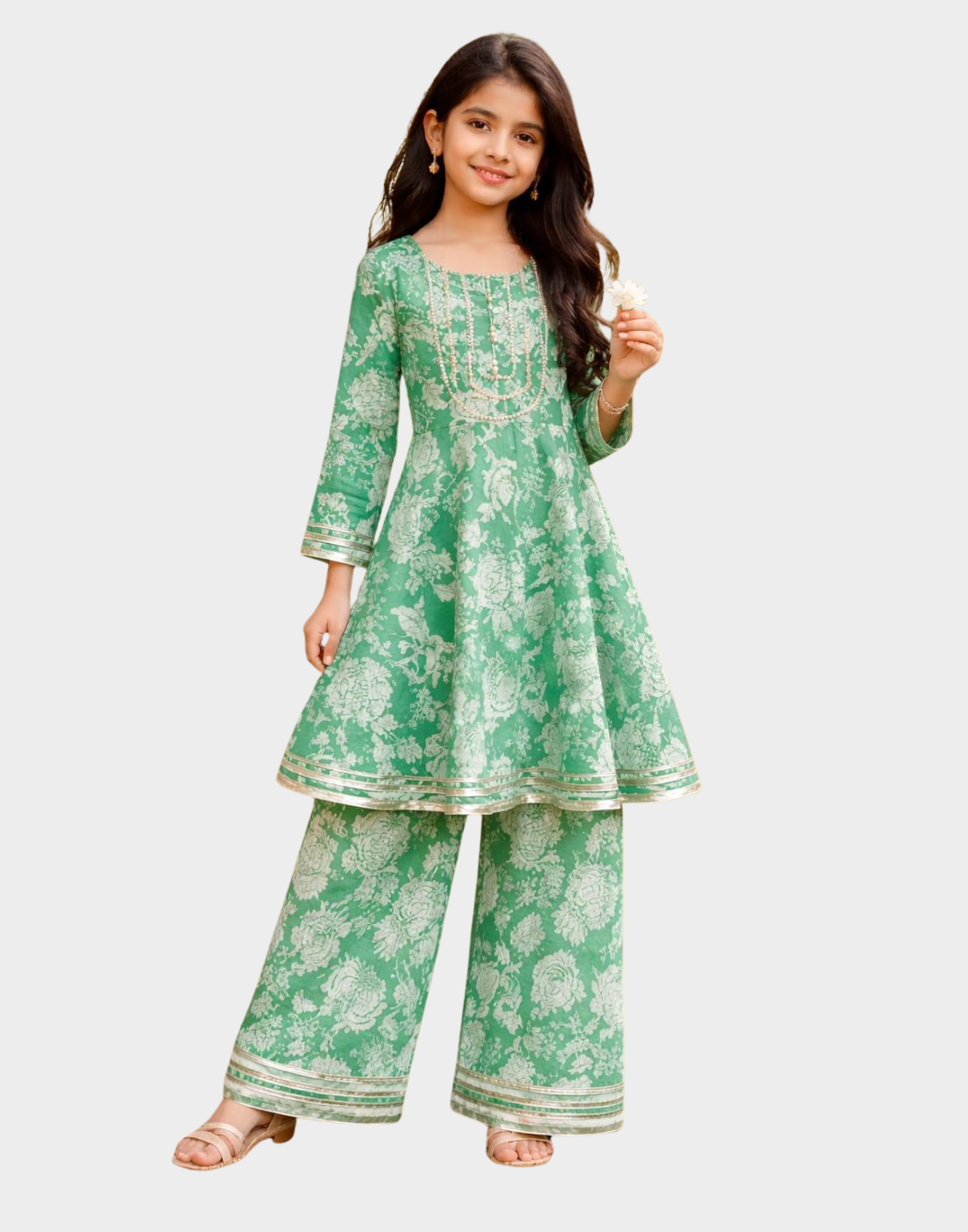 Premium summer cotton with gotta work, top panels frock and flared pant
