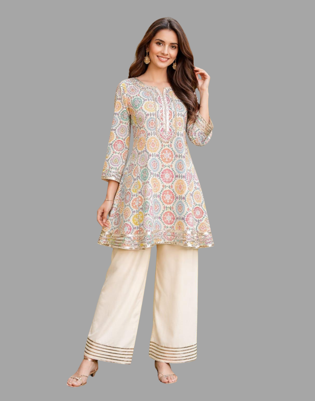 Premium quality summer cotton chunary print A.line shirt and plain cotton...